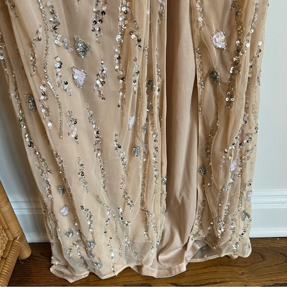 Mac Duggal Embellished One Shoulder Draped Maxi Gown Nude & Silver | Size 8 - Picture 10 of 16
